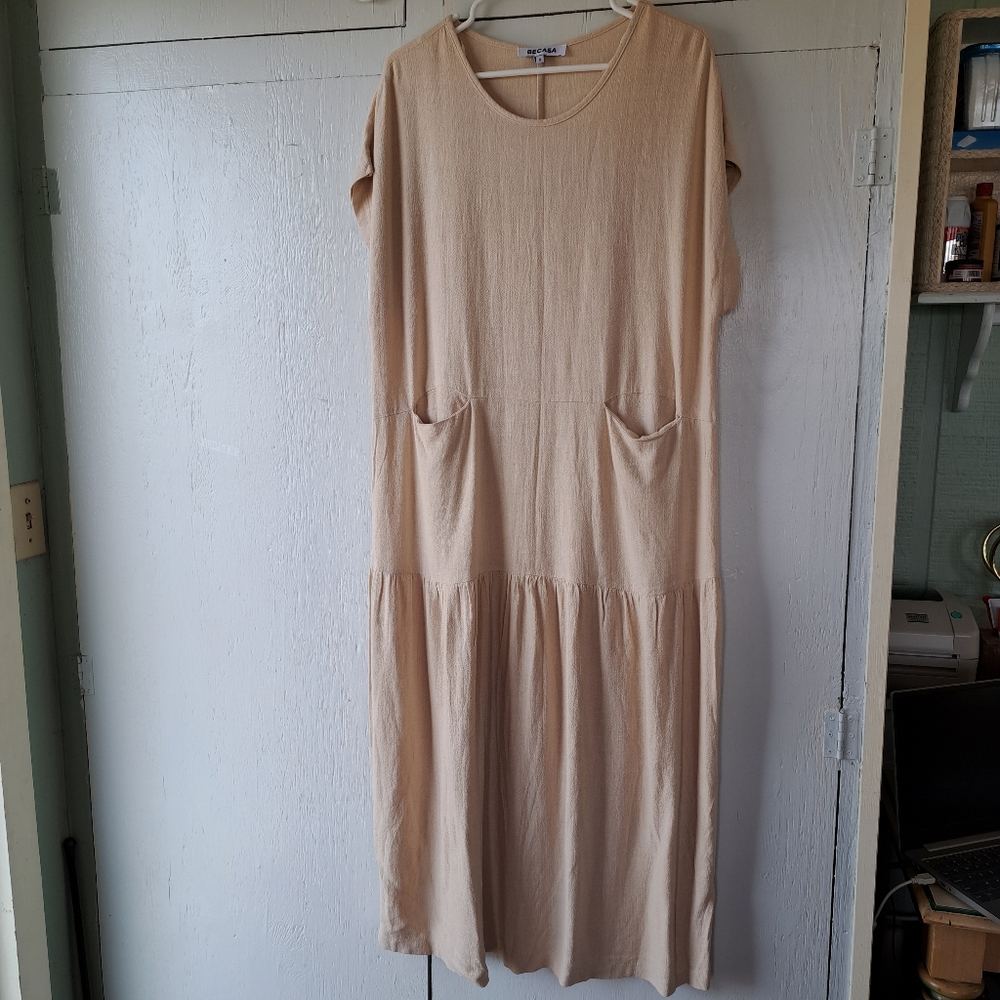 BECASA Linen Cotton Oversized Pop Over Maxi Dress NWOT SZ S-L